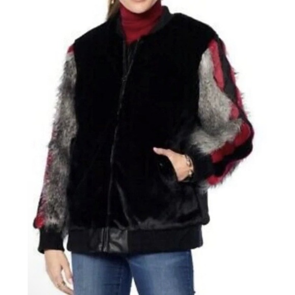 Faux Fur Bomber Varsity Jacket 3X Color Block Stripes Whimsigoth Patchwork - Picture 1 of 16